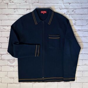 Supreme Men's Dark Blue Zip-Up Sweater with Brown Trim